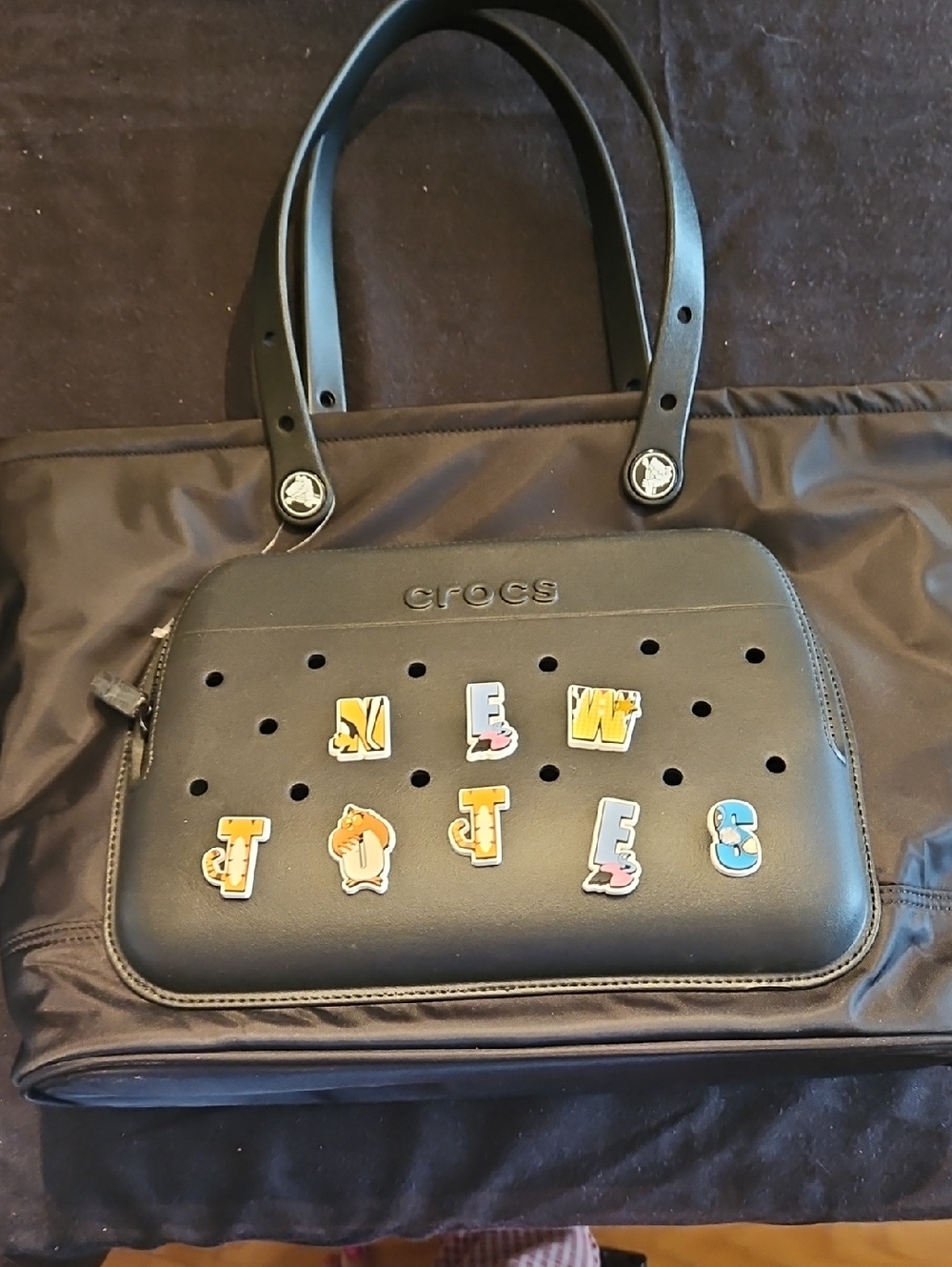 CROCS Black Tote with Character Jibbitz Accents